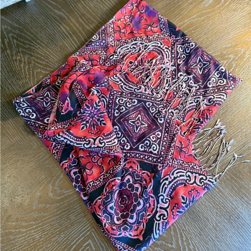 Tolani Silk Scarf in Red and Black with Purple Accents